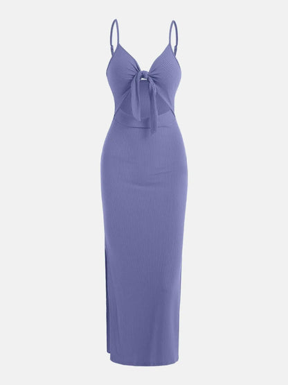 Women's Plain Cut Out Knot Front Split Thigh Bodycon Long Dress, Spaghetti Strap Sleeveless, Summer Clothes Women, Solid Cami Dress, Ladies Casual Summer Evening Party Nightclub Dress