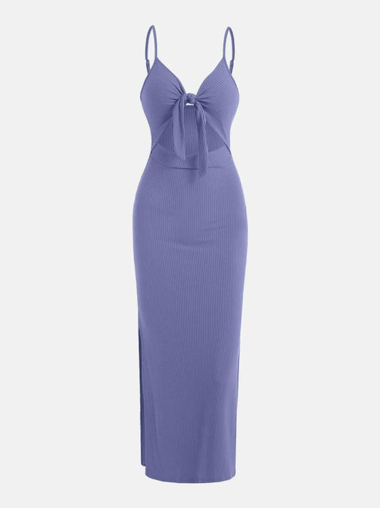 Women's Plain Cut Out Knot Front Split Thigh Bodycon Long Dress, Spaghetti Strap Sleeveless, Summer Clothes Women, Solid Cami Dress, Ladies Casual Summer Evening Party Nightclub Dress