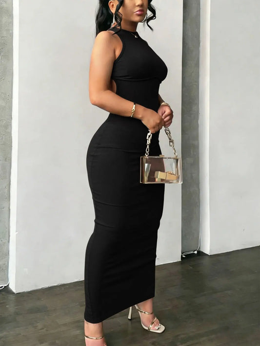 Women's Sexy Chic Round Neck Cutout Long Dress, Backless Criss Cross Design, Split Hem, High Stretch Fabric, Casual Sleeveless Dress Fit