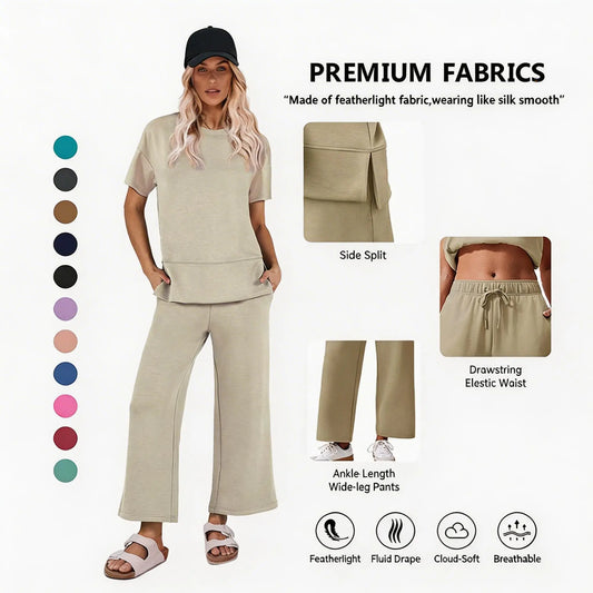 Women's Two-Piece Set: Summer Outfit, Loose-Fitting Wide-Leg Pants, Casual Set: Perfect for the airport, the beach, and vacations; short sleeves; soft fabric; available in a variety of colors and sizes tiktokshopbacktoschool
