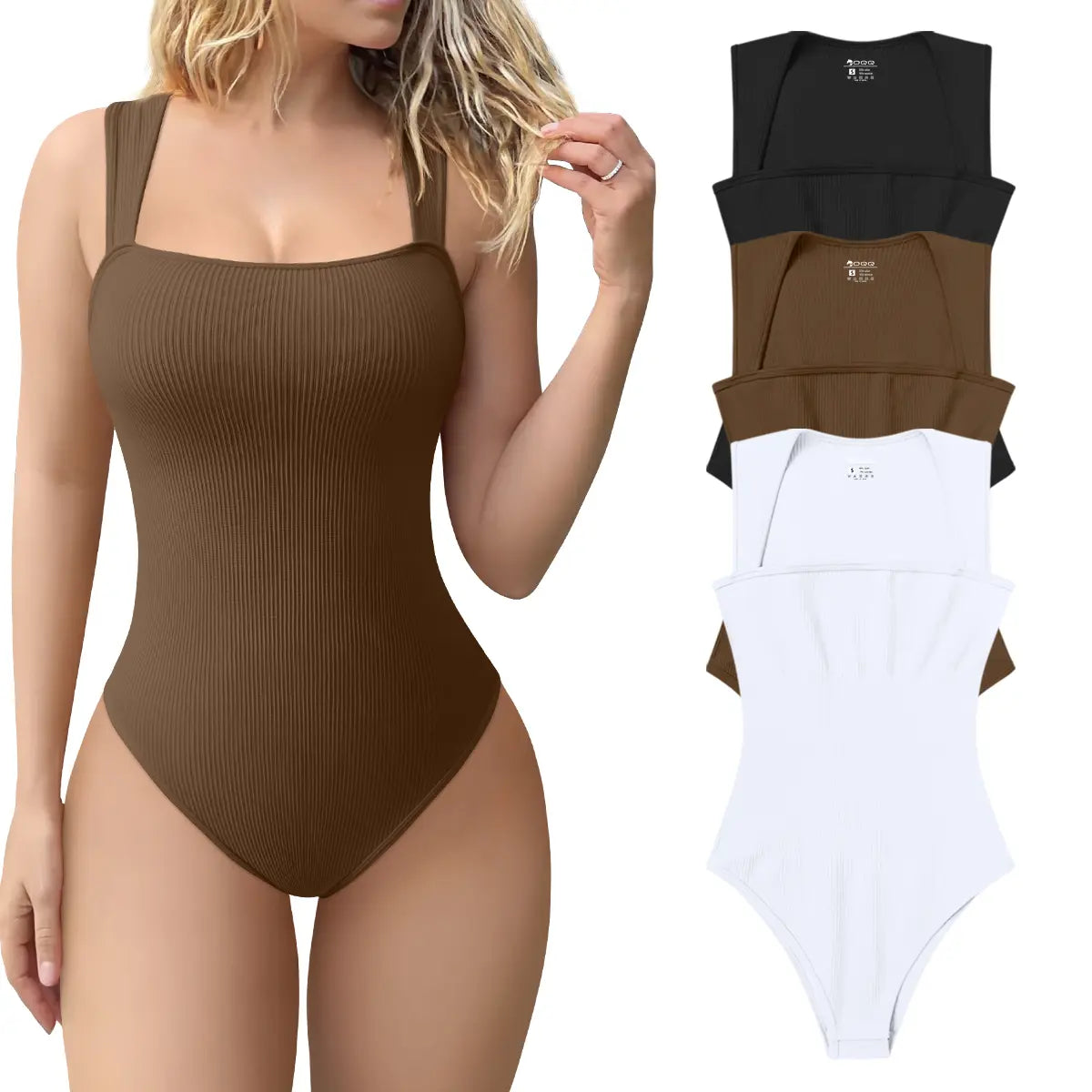 Women's 3 Piece Ribbed Bodysuits - Sexy Square Neck Sleeveless Tank Top Design - Stretchy  Soft Womenswear Underwear Lady Comfort Trendy,back to school,back to school shopping