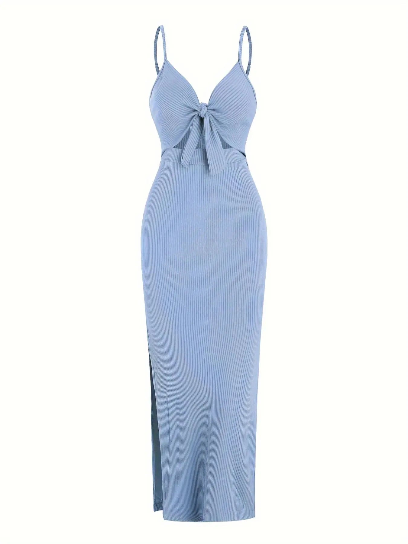 Women's Plain Cut Out Knot Front Split Thigh Bodycon Long Dress, Spaghetti Strap Sleeveless, Summer Clothes Women, Solid Cami Dress, Ladies Casual Summer Evening Party Nightclub Dress