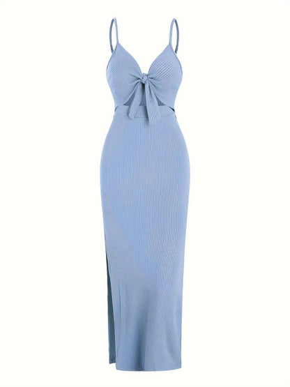 Women's Plain Cut Out Knot Front Split Thigh Bodycon Long Dress, Spaghetti Strap Sleeveless, Summer Clothes Women, Solid Cami Dress, Ladies Casual Summer Evening Party Nightclub Dress