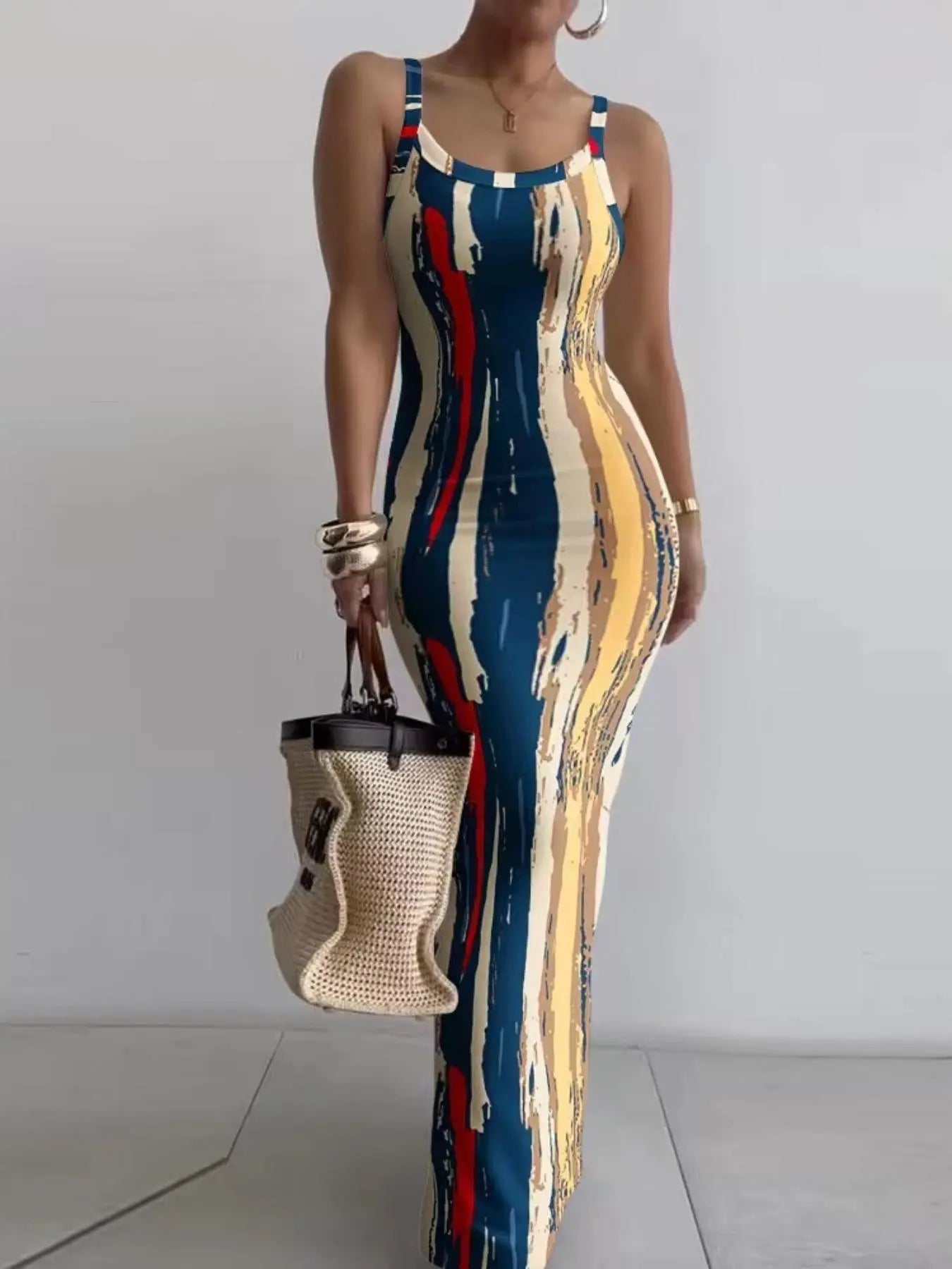 Women's Random Print Bodycon Dress, Elegant Sleeveless Long Dress for Beach Holiday Vacation, Ladies Summer Clothes, Sun Dresses, Casual Wear, Bohemian Sleeveless Dress, Womenswear, Fashion