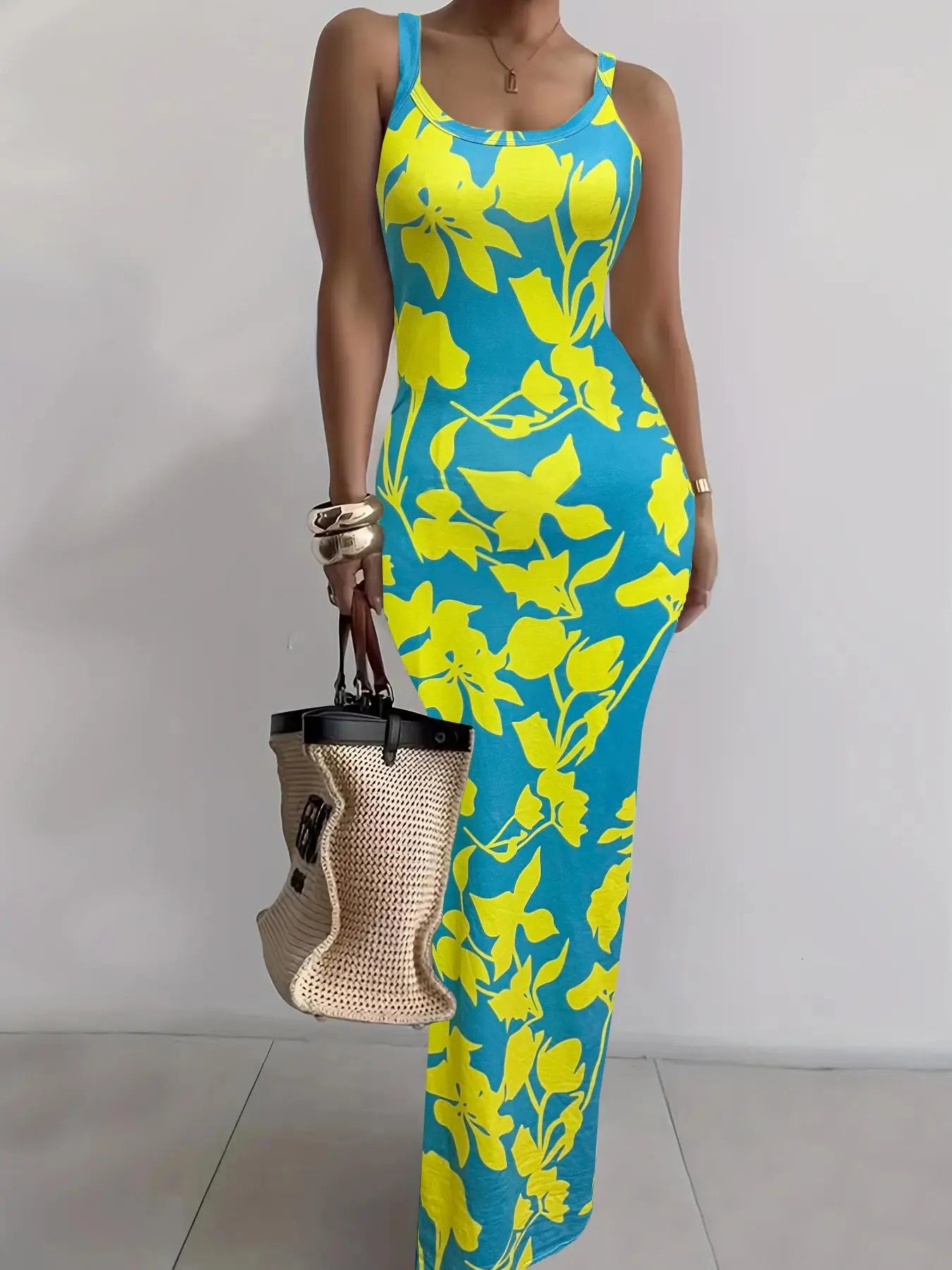 Women's Random Print Bodycon Dress, Elegant Sleeveless Long Dress for Beach Holiday Vacation, Ladies Summer Clothes, Sun Dresses, Casual Wear, Bohemian Sleeveless Dress, Womenswear, Fashion