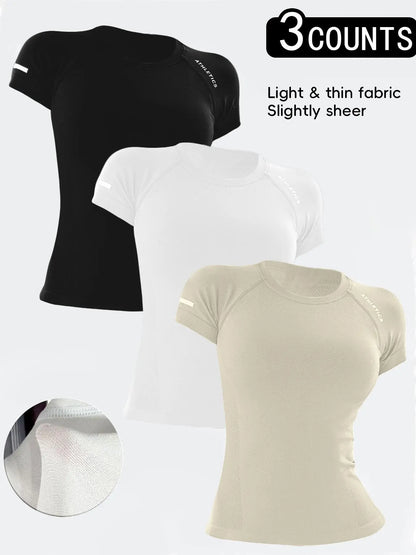 Women's Yoga Letter Round Neck Sport Short Sleeve T-Shirt, High Stretch Athletic Breathable Fitness Running Yoga Wear, All Seasons Casual Top