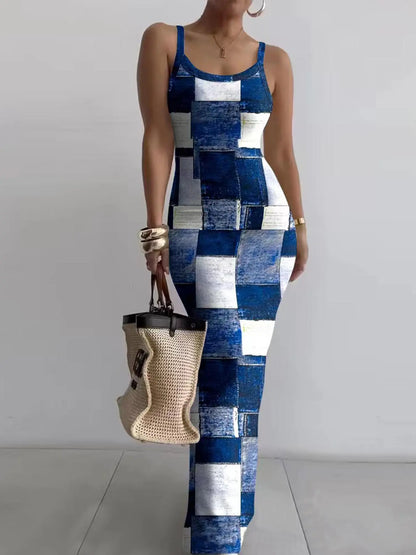 Women's Random Print Bodycon Dress, Elegant Sleeveless Long Dress for Beach Holiday Vacation, Ladies Summer Clothes, Sun Dresses, Casual Wear, Bohemian Sleeveless Dress, Womenswear, Fashion