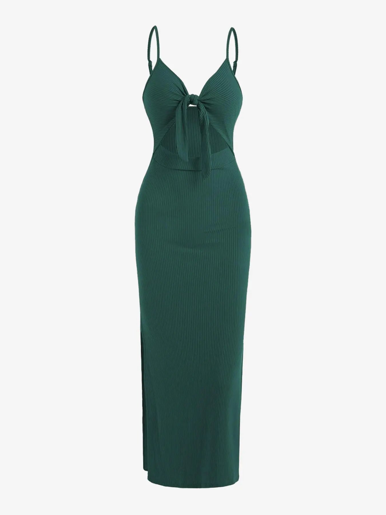 Women's Plain Cut Out Knot Front Split Thigh Bodycon Long Dress, Spaghetti Strap Sleeveless, Summer Clothes Women, Solid Cami Dress, Ladies Casual Summer Evening Party Nightclub Dress