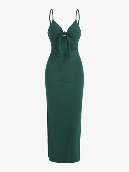 Women's Plain Cut Out Knot Front Split Thigh Bodycon Long Dress, Spaghetti Strap Sleeveless, Summer Clothes Women, Solid Cami Dress, Ladies Casual Summer Evening Party Nightclub Dress