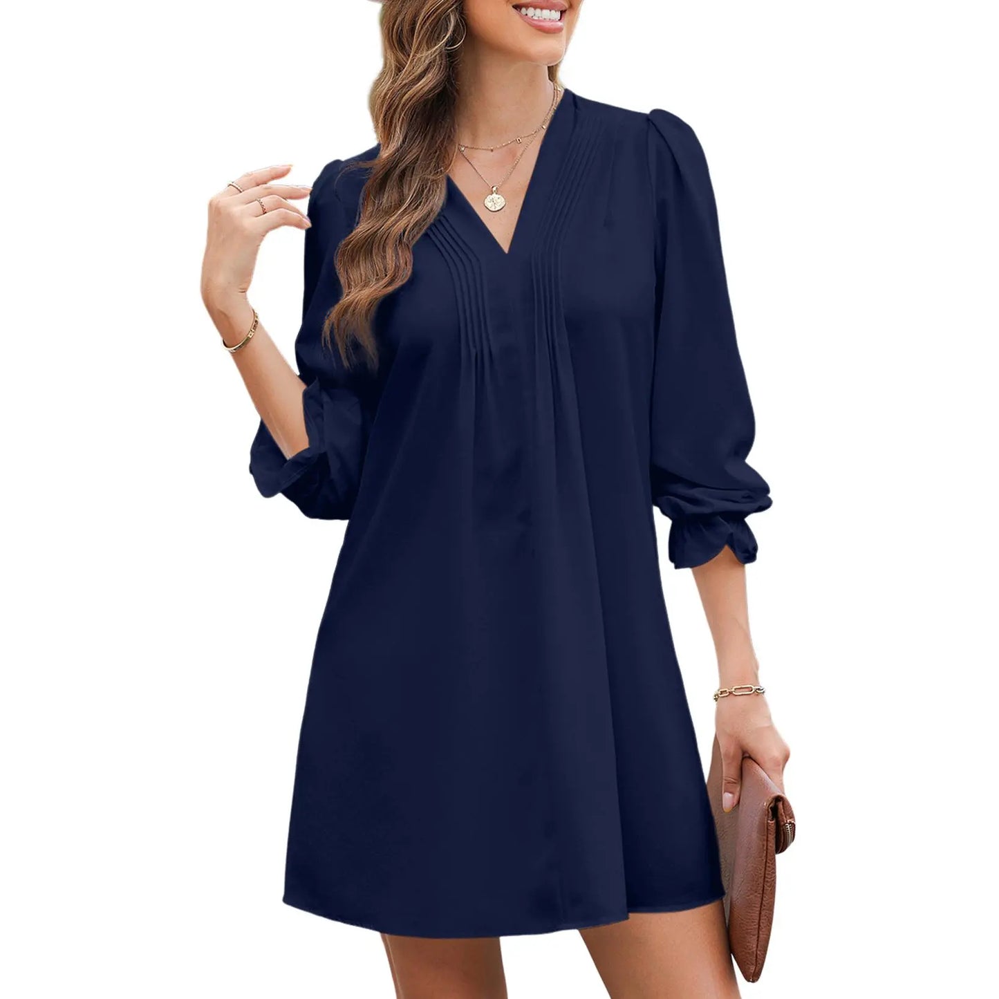 Womens Casual Dress A-Line Ruffle Sleeve V Neck Midi Dress 2026 Fashion Pleated Flowy Sundress Loose Shirt Dresses