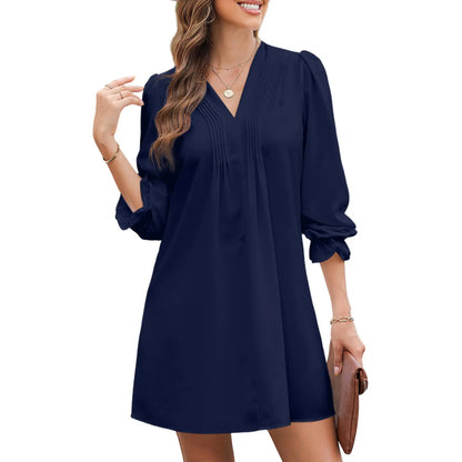 Womens Casual Dress A-Line Ruffle Sleeve V Neck Midi Dress 2026 Fashion Pleated Flowy Sundress Loose Shirt Dresses