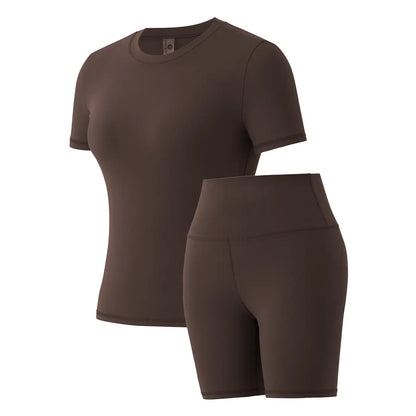 Women's Solid Round Neck Short Sleeve Athletic T-Shirt - 2 Piece Matching Gym Sets, Casual Sportswear for Indoor & Outdoor Fitness, Women's Clothes, Clothing summerwins Try it,travel essentials,camping essentials