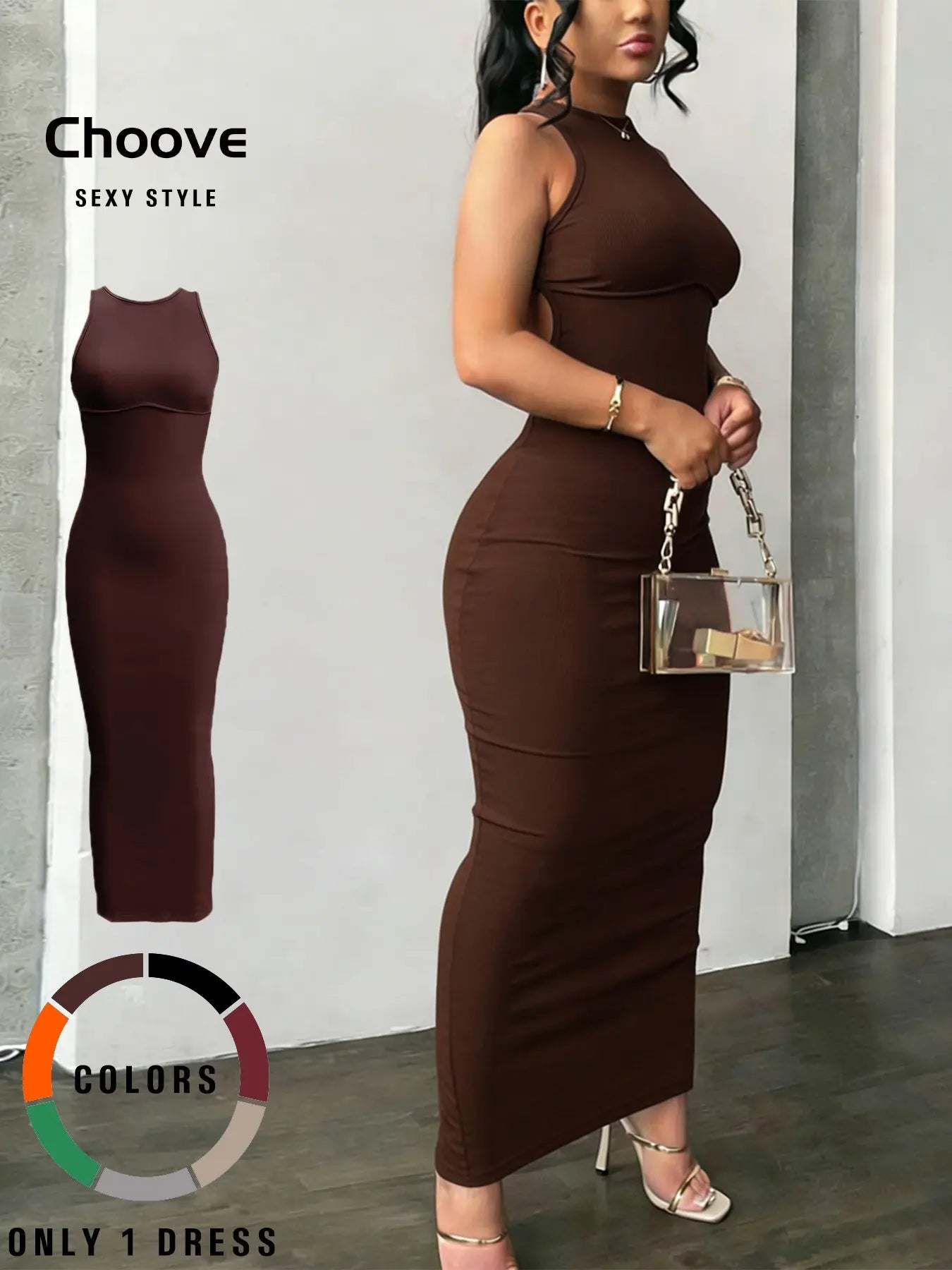 Women's Sexy Chic Round Neck Cutout Long Dress, Backless Criss Cross Design, Split Hem, High Stretch Fabric, Casual Sleeveless Dress Fit