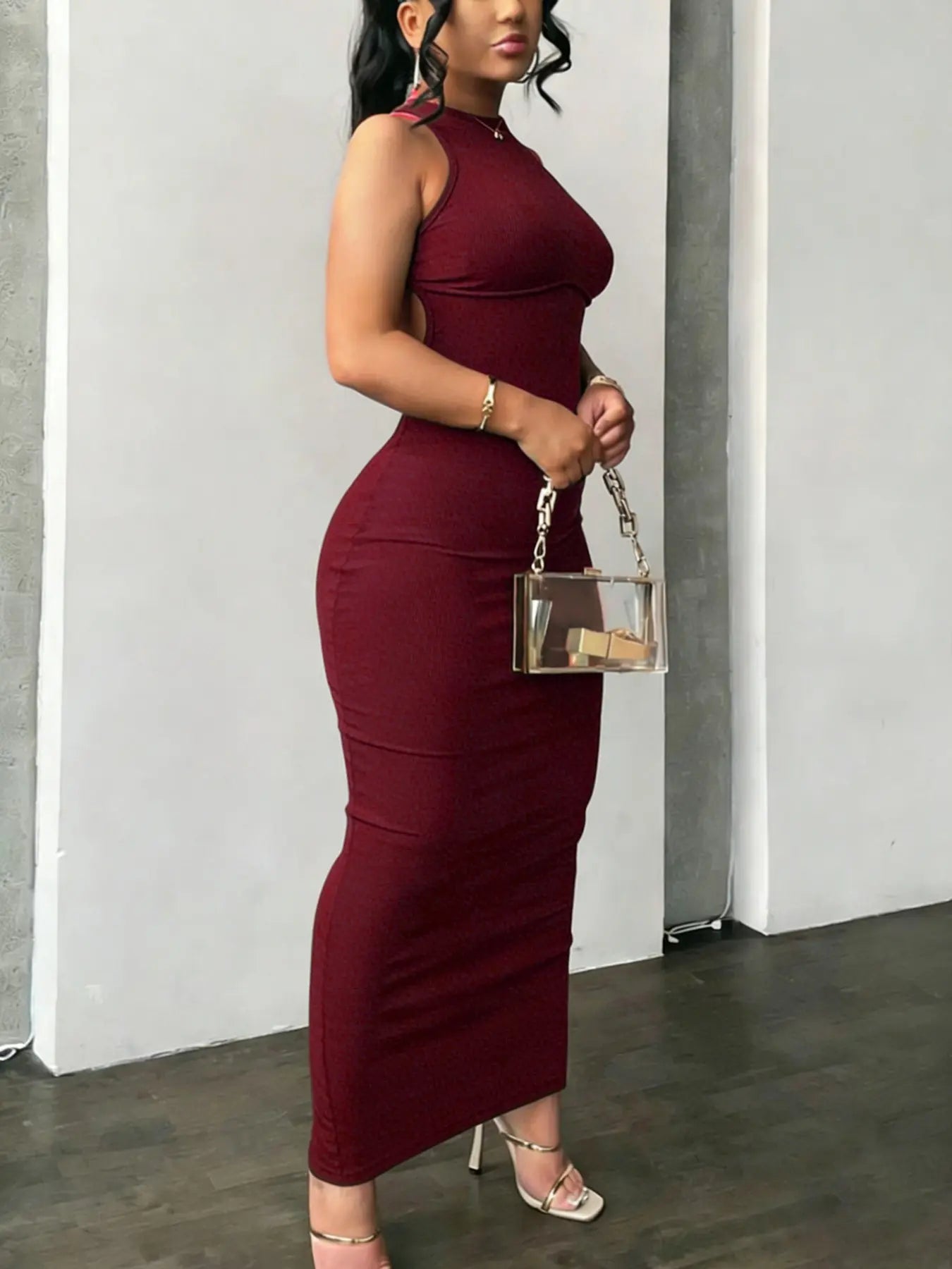 Women's Sexy Chic Round Neck Cutout Long Dress, Backless Criss Cross Design, Split Hem, High Stretch Fabric, Casual Sleeveless Dress Fit
