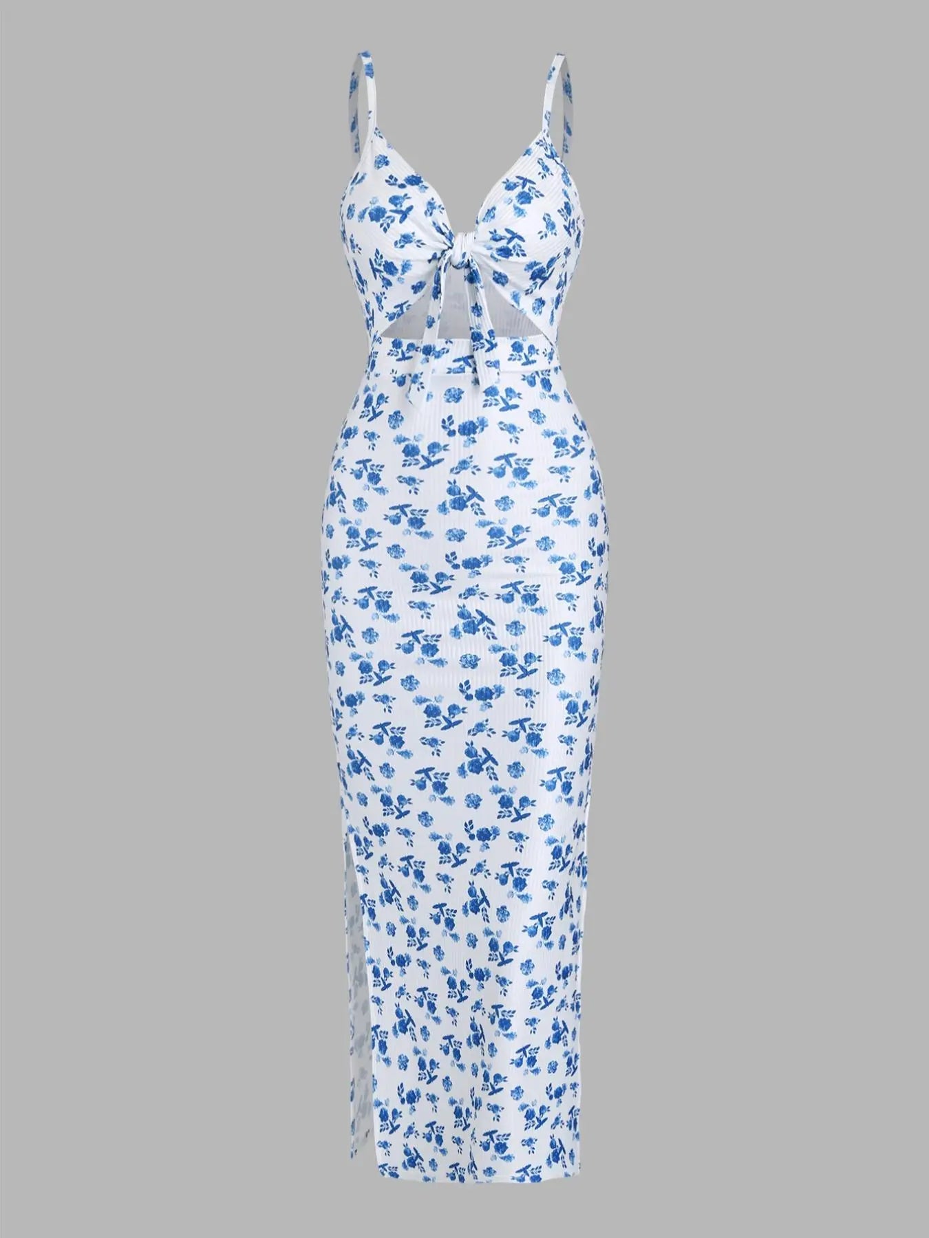 Women's Plain Cut Out Knot Front Split Thigh Bodycon Long Dress, Spaghetti Strap Sleeveless, Summer Clothes Women, Solid Cami Dress, Ladies Casual Summer Evening Party Nightclub Dress
