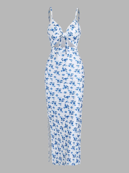 Women's Plain Cut Out Knot Front Split Thigh Bodycon Long Dress, Spaghetti Strap Sleeveless, Summer Clothes Women, Solid Cami Dress, Ladies Casual Summer Evening Party Nightclub Dress