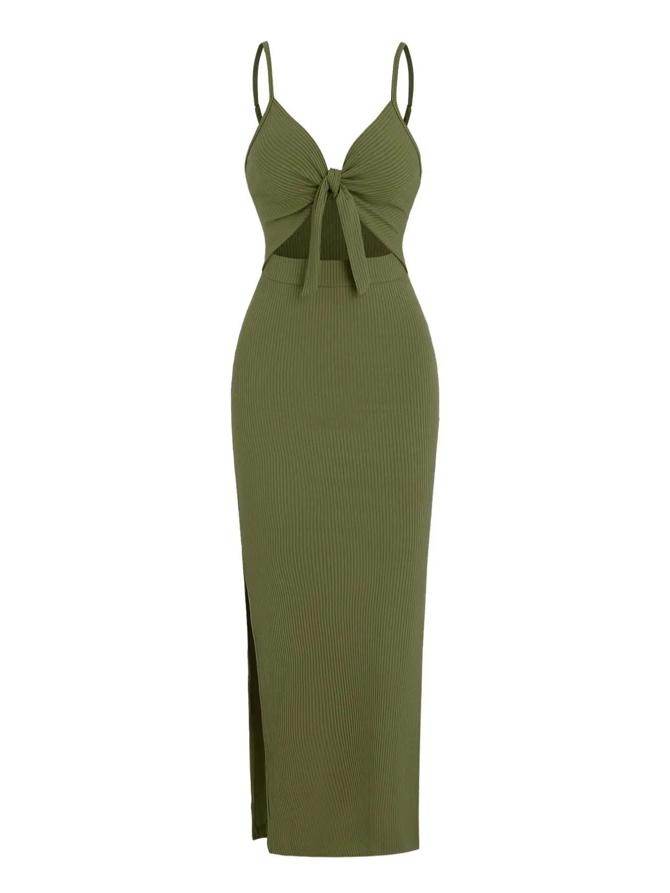 Women's Plain Cut Out Knot Front Split Thigh Bodycon Long Dress, Spaghetti Strap Sleeveless, Summer Clothes Women, Solid Cami Dress, Ladies Casual Summer Evening Party Nightclub Dress