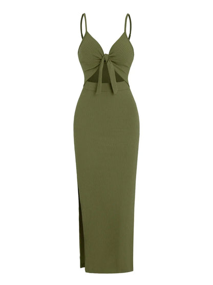Women's Plain Cut Out Knot Front Split Thigh Bodycon Long Dress, Spaghetti Strap Sleeveless, Summer Clothes Women, Solid Cami Dress, Ladies Casual Summer Evening Party Nightclub Dress