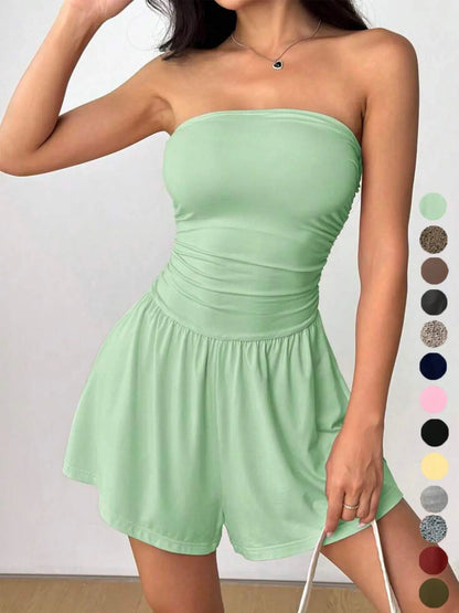 Women's Sleeveless Strapless Jumpsuit, Solid Color, Casual Fitted Short Pants, Multi-Color Basic Summer, Butter Vacation Style, Beach Jumpsuit